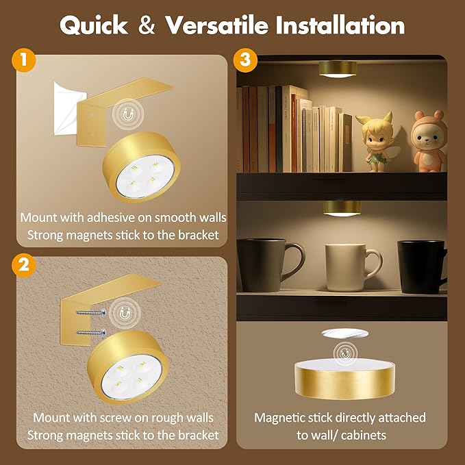 6Pcs Battery Operated Picture Light, Magnetic Led Painting Light with Remote Dimmable and Timer, 3 Lighting Modes Art Display Light for Picture Frame Paintings, Wireless Wall Decor Puck Lights, Gold
