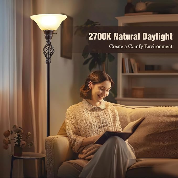 Torchiere Floor Lamp for Living Room, LED Standing Reading Light for Bedroom with Glass Shade for Living Room Corner Bedroom Home Office,Bulbs Included (Yellow Lampshade, Glass 1 Head)