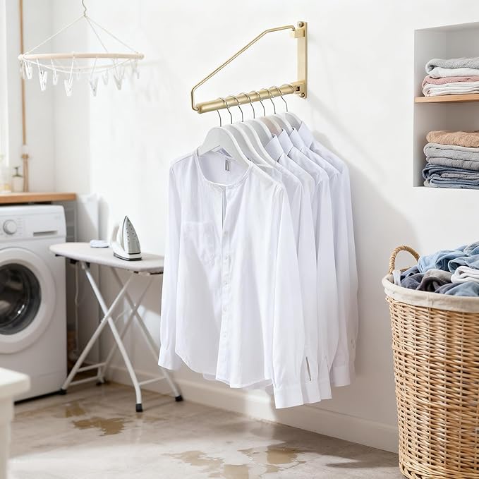 Folding Wall Mounted Clothes Hanger Rack Clothes Hook Solid Brass with Swing Arm Holder Clothing Hanging System Closet Storage Organizer Heavy Duty Drying Rack Wall Mount,Brushed Gold