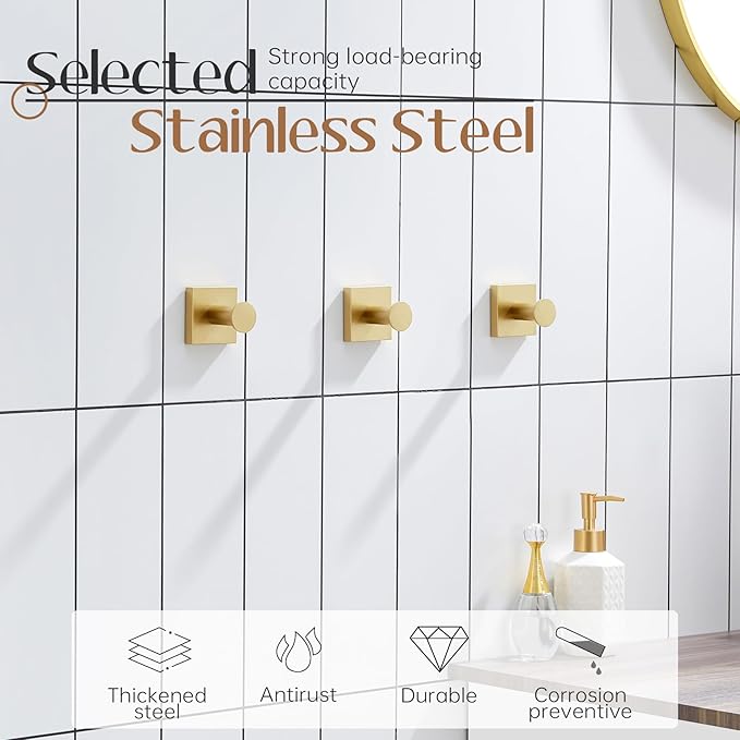 KOKOSIRI Bath Towel Hooks for Shower Wall Hanging Towels Bathroom Robe Hooks for Door Kitchen Closet Brushed Gold Stainless Steel 3 Pack, B1016BG-P3