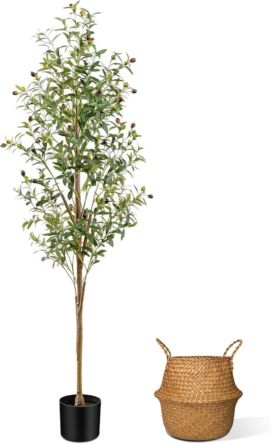 6FT Artificial Olive Tree Indoor, Tall Faux Olive Tree with Pot&Basket, Large Fake Olive Tree with Realistic 1080 Silk Leaves and 60 Fruits for Living Room Home Office Decor