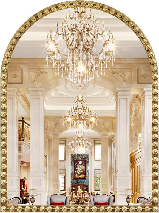 Arched Mirror for Bathroom, 40"x30" Gold Arch Bathroom Vanity Mirror, Metal Floral Frame Decorative Arch Wall Mirror, Antique Gold Arched Mirror for Washroom, Bedroom, Entryway, Living Room