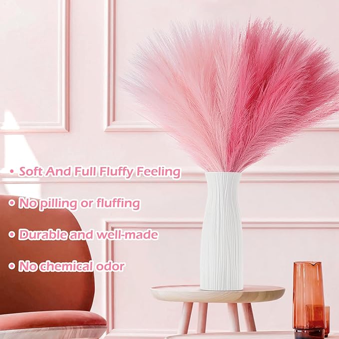 60 Pcs Pampas Grass Pink Decor 21.7" Fluffy Faux Short Pampas Grass Artificial Small Pompas Grass Flower Vase Filler for Home Wedding Decoration