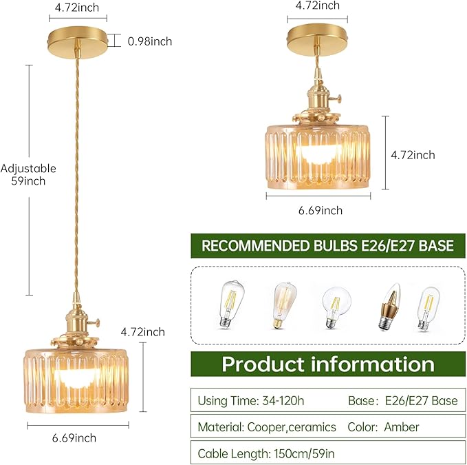 Battery Operated Pendant Light 5000mAh Rechargeable Chandelier with Remote Control Wireless Adjustable Hanging Amber Striped Light for Kitchen Island Dining Room Hallway, 2 Pack