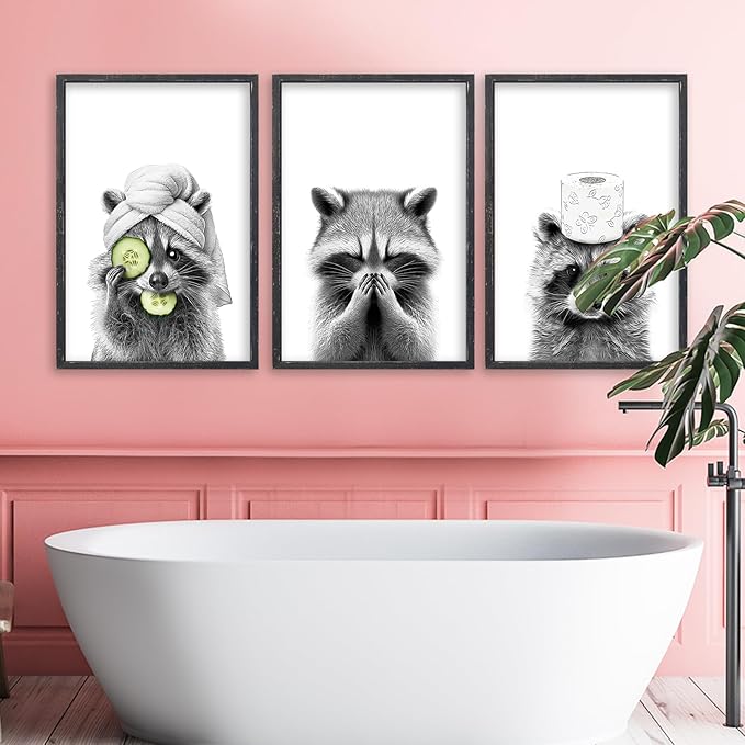 Adorable Raccoon Bathroom Wall Art Decor Set of 3 16x11 Inch Modern Funny Bathroom Sign Wood Framed Rustic Farmhouse Interestring Washroom Animal Prints Wall Hanging (Black)