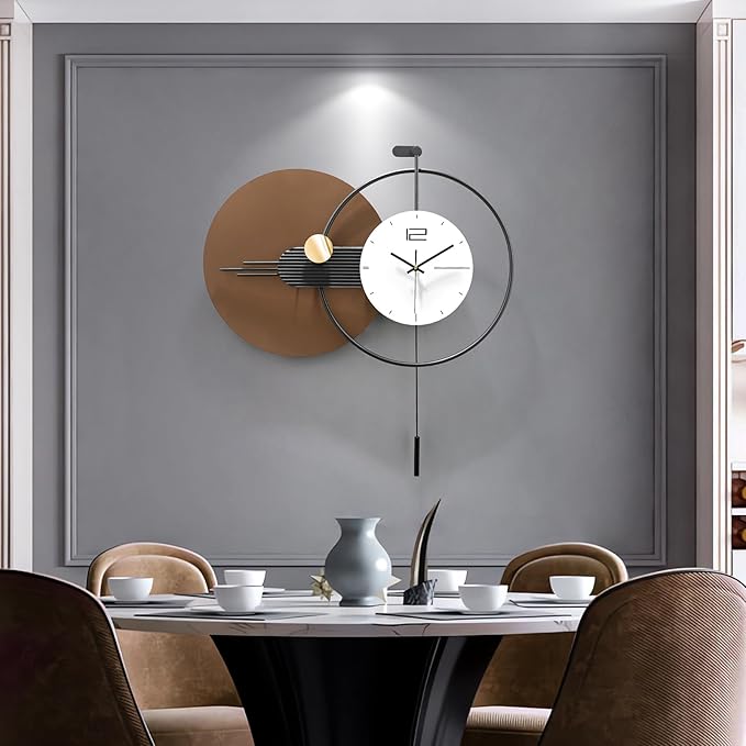 Large Modern Wall Clock for Living Room,Decorative Silent Battery Operated Wall Clock with Pendulum Metal Wall Art for Kitchen/Bedroom/Entryway/Office Decor