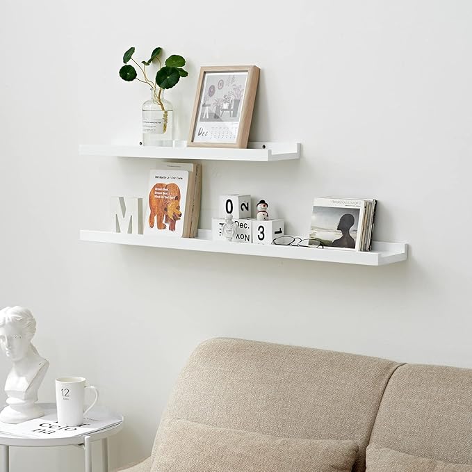 36 Inch Floating Shelves Wall Mounted, Solid Wood Wall Shelves for Decor and Storage, Picture Ledge Shelf for Bedroom/Bathroom/Living Room/Kitchen/Laundry Room, White Color, 36*4*1.5, 1 Pack