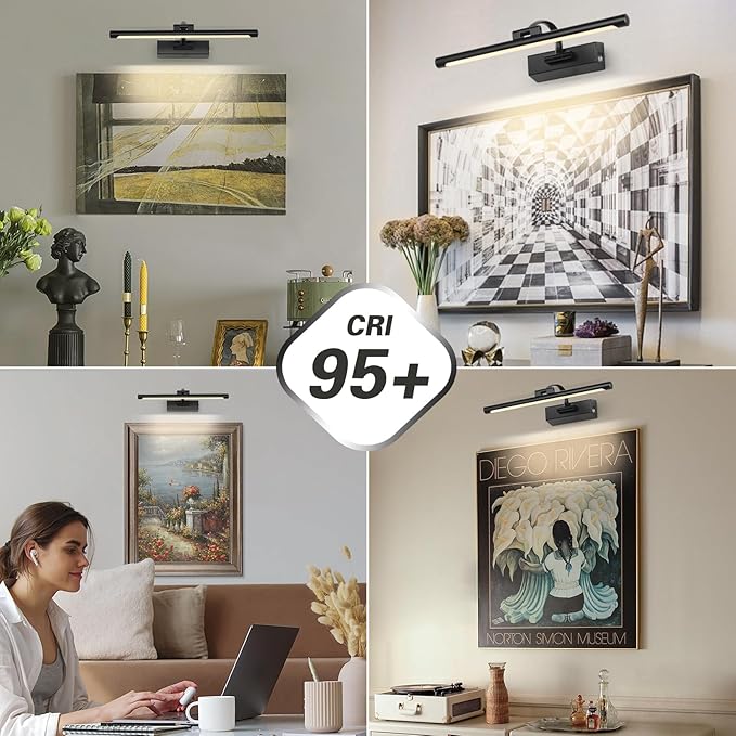 JUSHENG Black Picture Light Battery Operated 15.75'' Inch, Rechargeable Gallery Lighting with Swing Arm and Dimmable Function, Full Metal Wireless Painting Lights for Display, Portrait, Artwork 3W