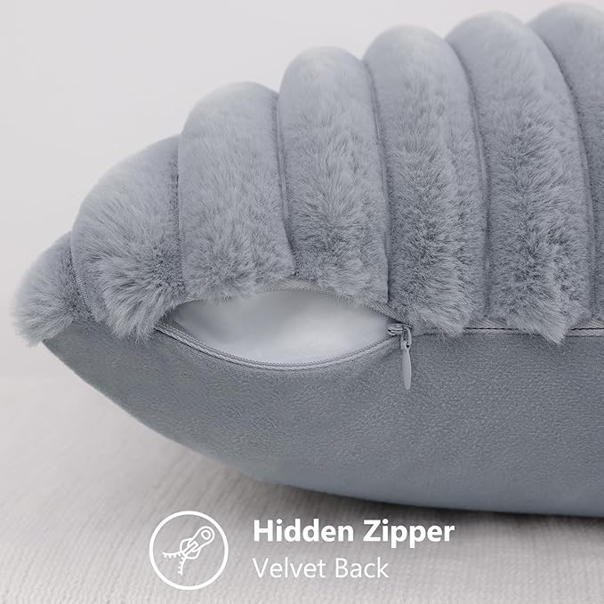 decorUhome Faux Fur Throw Pillow Covers 20x20 Set of 2, Decorative Soft Plush Striped Neutral Couch Euro Pillow Covers with Velvet Back for Sofa, Bed, Living Room Home Decor, Grey