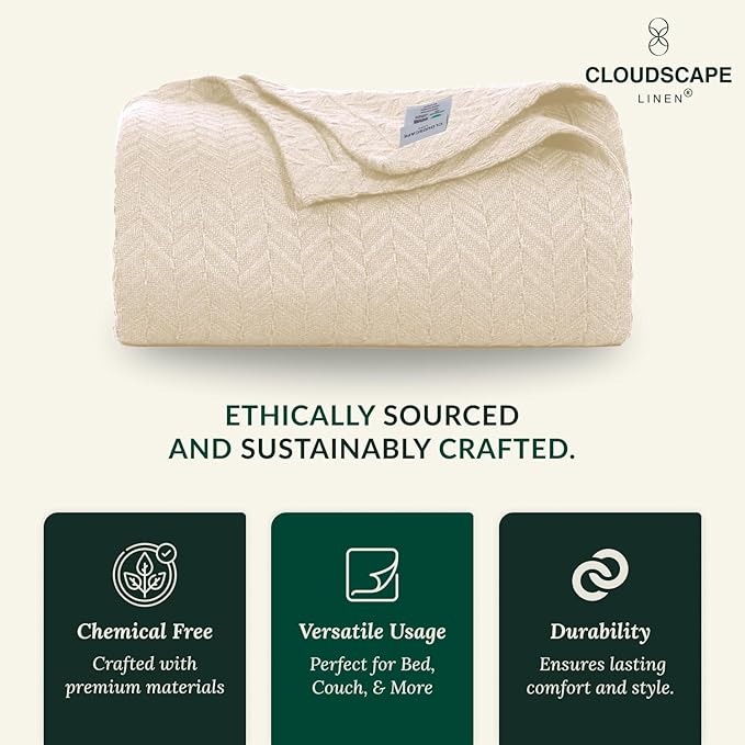 Cloud Scape Linen Herringbone Cotton Throw Blanket for Couch, Bed,Sofa, Home Decor, Soft, Lightweight, All-Season Bed Blanket, 50 x 70, Ivory