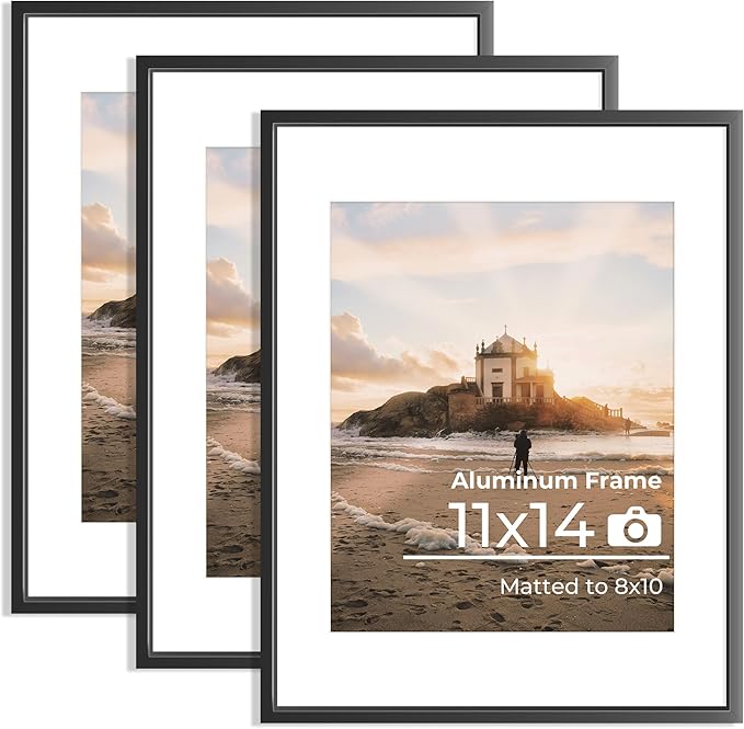 11x14 Aluminum Picture Frame Black, 11 x 14 Metal Photo Frames with Removable Mat for 8 x 10 Photo, Metal Poster Frame Sawtooth Hanger for Easy Wall Display, Set of 3