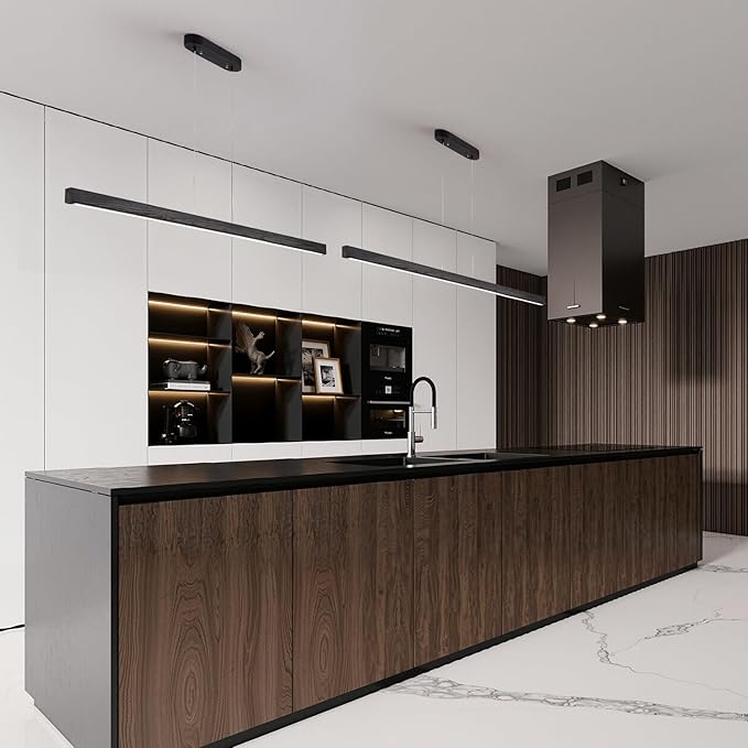 47" Black Linear Pendant Light Wooden Led Linear Pendant Light Fixtures Ceiling Hanging Dimmable Pendant Lights for Dining Room Kitchen Island Pool Table Lights Black Wood Finish