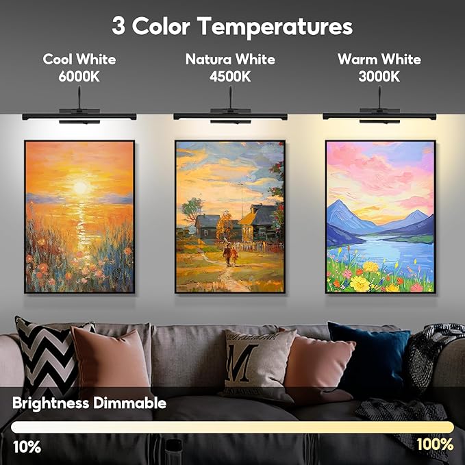 24" Picture Lights for Wall Battery Operated with Remote and Timer, Wireless Art Lights for Paintings, Rechargeable Wall Sconce, Dimmable Lighting for Canvas, Gallery Artwork, Portraits, Black
