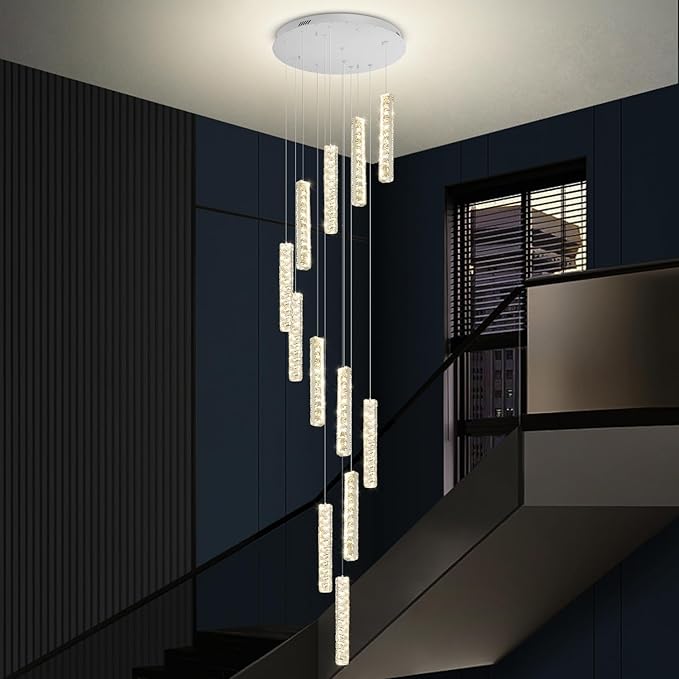 IDEQU Modern LED 120inch Long Spiral Staircase Crystal Chandelier High Ceiling Chandelier Lighting for Foyer Hallway 12-Light Silver Dimmable 2700K-6000K