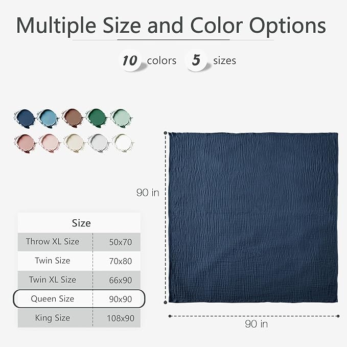 Carriediosa 100% Cotton Muslin Throw Blanket 90" X 90" Queen Size，4-Layers Summer Gauze Throws for Bed Couch，Soft Lightweight Breathable Linen Blankets Bedspread for Adults All Season，Navy Blue