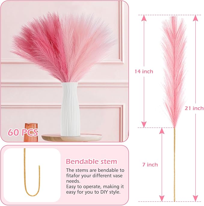 60 Pcs Pampas Grass Pink Decor 21.7" Fluffy Faux Short Pampas Grass Artificial Small Pompas Grass Flower Vase Filler for Home Wedding Decoration