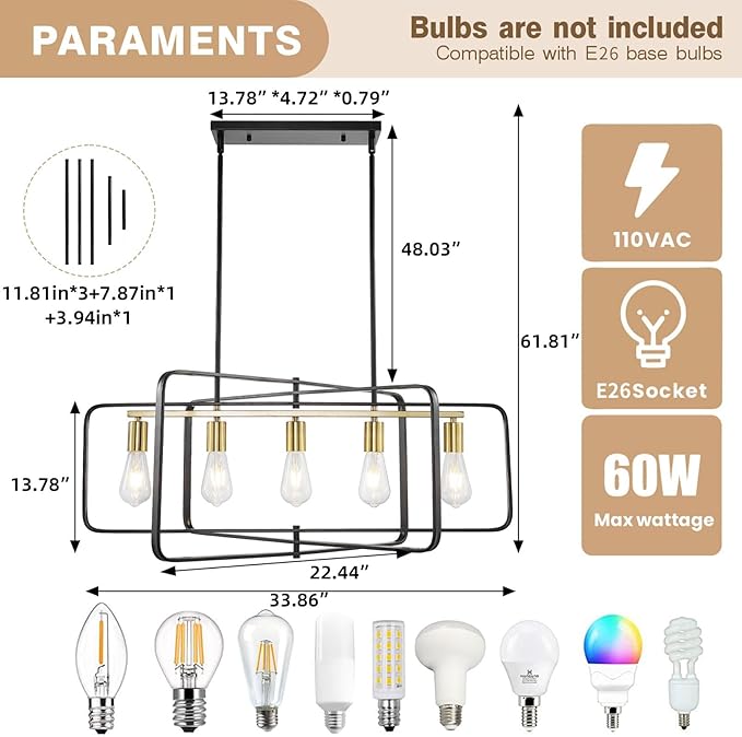 Black and Gold Farmhouse Chandeliers for Dining Room, 5-Light Kitchen Island Lighting, Rustic Rectangle Linear Pendant Lights, Large Dining Room Light Fixture/High Ceiling Chandelier Over Table