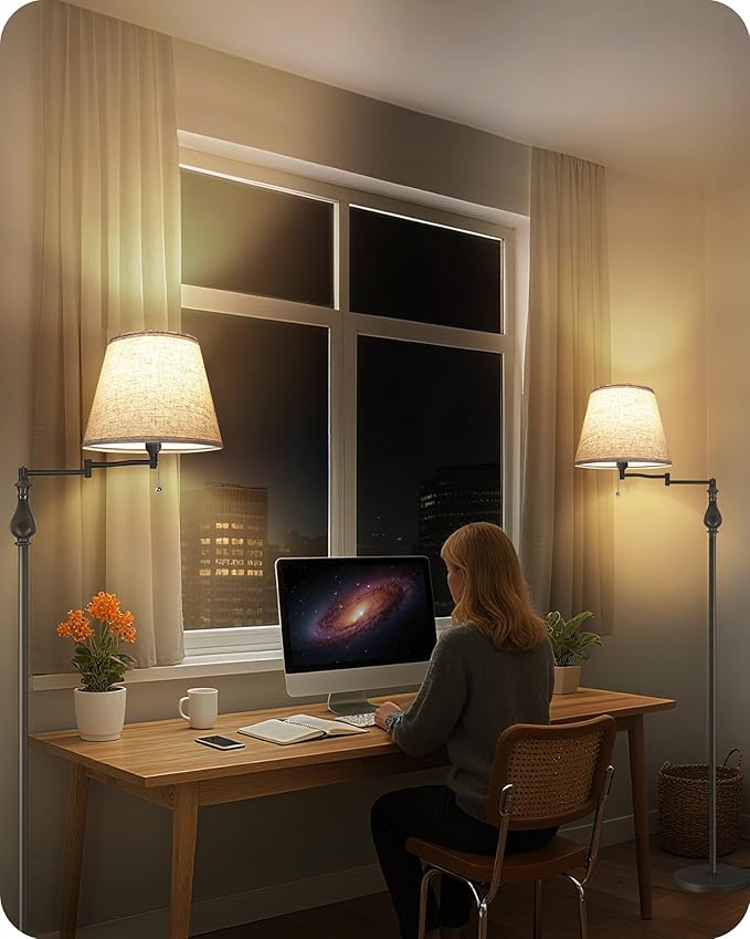 Vintage Floor Lamp with 350°Adjustable Swing Arm, 61” Mid-Century Modern Floor Lamp, Standing Pole Lamp with Pull Chain Switch, Antique Reading Lamp for Living Room, Bedroom, Office, Brown CE13LD05