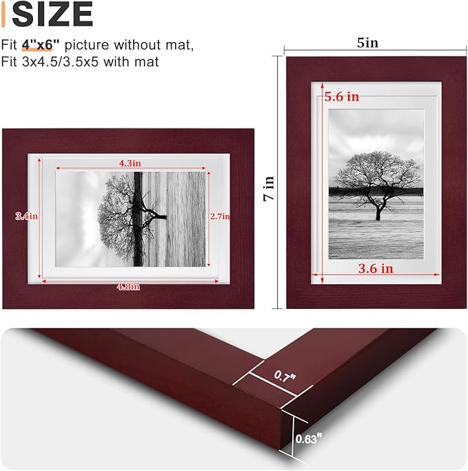 Egofine 4x6 Picture Frames Set of 4 Covered by Plexiglass - Made of Solid Wood for Table Top Display and Wall Mounting photo frame Cherry Red