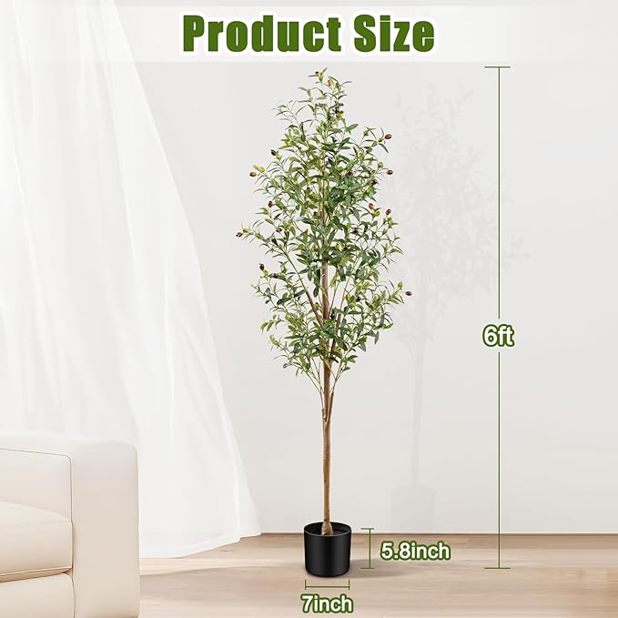 6FT Artificial Olive Tree Indoor, Tall Faux Olive Tree with Pot&Basket, Large Fake Olive Tree with Realistic 1080 Silk Leaves and 60 Fruits for Living Room Home Office Decor