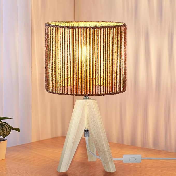 Tripod Table Lamp Light with Birch Color Wooden Base, Wooden Desk Lamp with Rattan Lampshade, 14.37 in Small Lamps, E26 Base Bedside Lamps for Night Stands, Home, Office, Living Room, Dorm(Stripe)