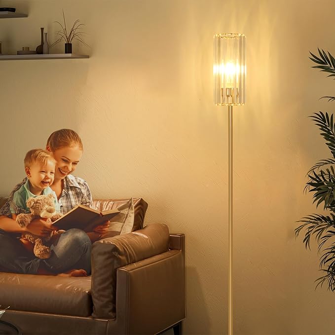 HMVPL Gold Floor Lamp for Living Room, Brass Pole Standing Lamp with K9 Crystal Shade, Modern Corner Standing Lamp for Bedroom with On/Off Switch, Elegant Crystal Tall Lamp for Office Kids Girls Room