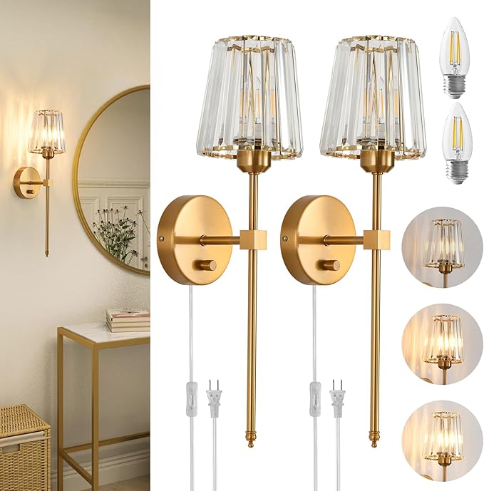 Crystal Wall Sconces Set of 2, Dimmable Wall Sconce with Plug in Cord and Dimmer Gold Plug in Wall Lamp Wall Mounted Light with Crystal Shade for Living Room Bedroom Vanity Light, Bulbs Included