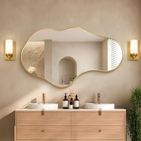 Irregular Wall Mirror, 24"x40" Gold Abstract Asymmetrical Mirrors for Wall, Decorative Cloud Aesthetic Mirror for Bathroom, Bedroom, Cloakroom, Entryway, Shatter-Proof Aluminum Alloy Frame