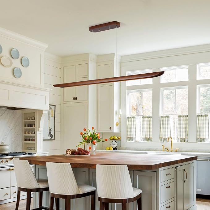 55" Wood Linear Pendant Light, Dimmable Kitchen Island Lighting with Remote, 40W LED Island Lights for Kitchen, Adjustable Linear Chandelier for Dinning Room Light Fixture, Bar, Pool Table Light