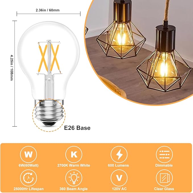 MorningLight 6 Pack Vintage A19 LED Edison Bulbs 60W Equivalent, 6W 2700K Warm White Dimmable Light Bulbs, A19 Antique Filament LED Bulbs for Farmhouse Pendant, Sputnik Chandelier, 600LM