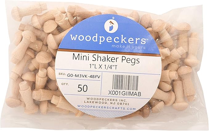 Woodpeckers Mini Wooden Shaker Pegs 1-inch w/ 3/16-inch Tenon, Pack of 50 DIY Wooden Wall Hooks, Wood Hooks for Hanging Jewelry