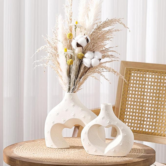 White Ceramic Vases Set of 2, Modern Boho Minimalist Decorative Flower Vase for Living Room, Bedroom, Coffee Table, Office, Centerpiece Gift for Women & Moms