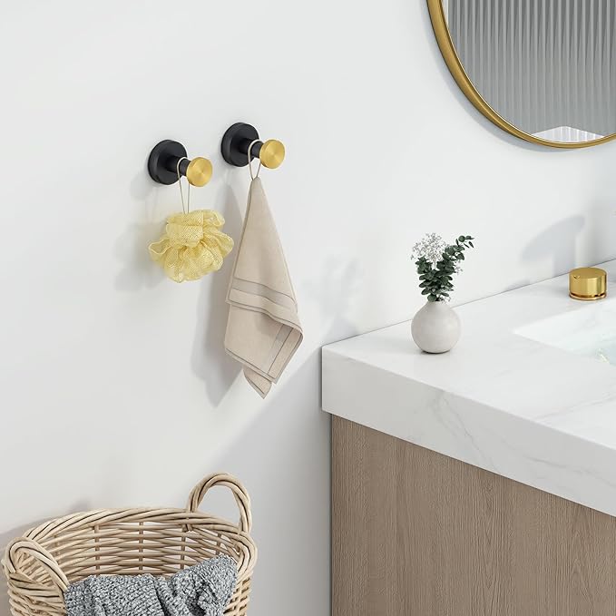 Angle Simple Hand Towel Holder Black & Gold 2 PCS, Stainless Steel Bath Towel Hook, Bathroom Robe Hanger Wall Mount