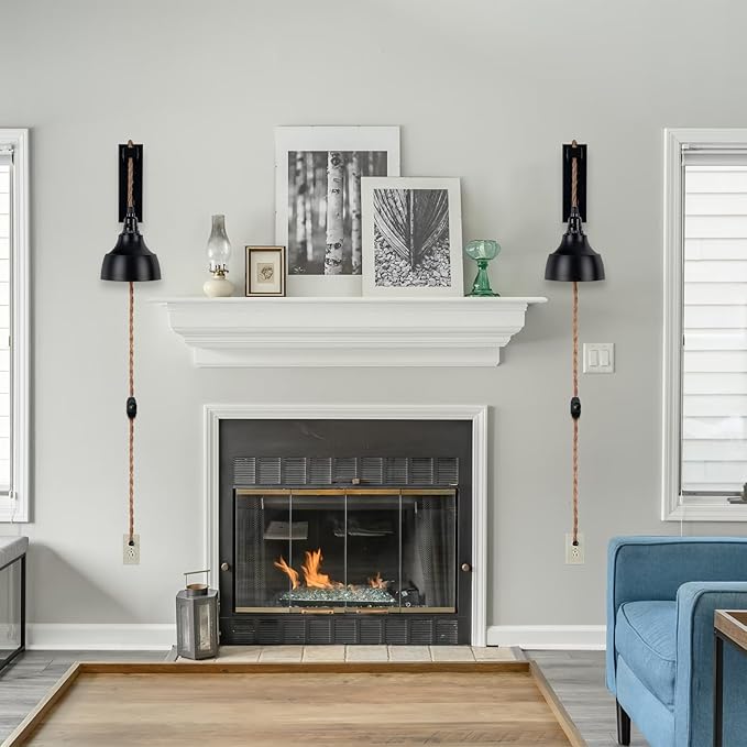 8FT Dimmable Plug in Wall Sconces Pulley Wall Lamps Vintage Hanging Light Fixture Wall Lights with Plug in Dimmable Switch Set of Two Black Wall Lamp for Bedroom, Living Room and Hotel