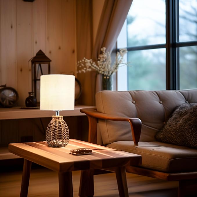 KUNJOULAM Rattan Table Lamp, Small Nightstand Lamp with Linen Fabric Lampshade, Desk Lamp Bedside Lamp for Living Room Home Office, Without Buld