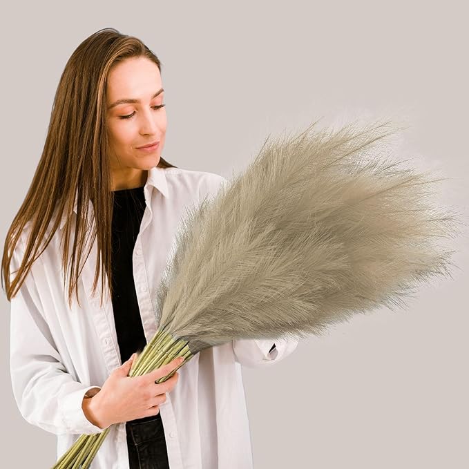 8 Pcs Deep Coffee Tall Faux Pampas Grass Decor, 45 Inches Artificial Pampas Grass Bulk, Large Faux Pompas Dried Decor for Floor Vase Filler, Home Boho, Wedding Anniversaries, Baby Shower Decoration