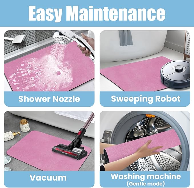 Diatomaceous Earth Bath mat Bathroom Rugs Super Absorbent Quick Dry Non Slip Bath Mat Thin Bathroom Floor Mats Fit Under Door-Shower Rug for in Front of Bathtub Shower, Pink, 15.7"x35.4"