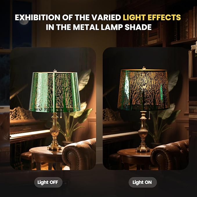 ALUCSET Stainless Steel Large Lampshade, Drum Lamp Shade 11" Top x 13" Bottom x 10" High, Large Lamp Shades for Table and Floor Lamps, Green Polished Etched Forest Replacement Shade, Spider Fitter