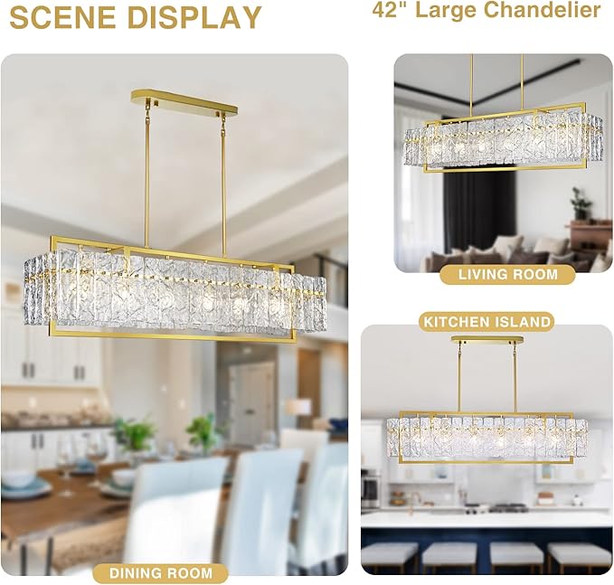 IKK Modern Rectangle Gold Crystal Chandeliers for Dining Room, 42" Large Rectangular Water Ripple Glass Island Light Fixture, Elegant Linear Lighting for Kitchen Island, Living Room, L42 x W11 x H12