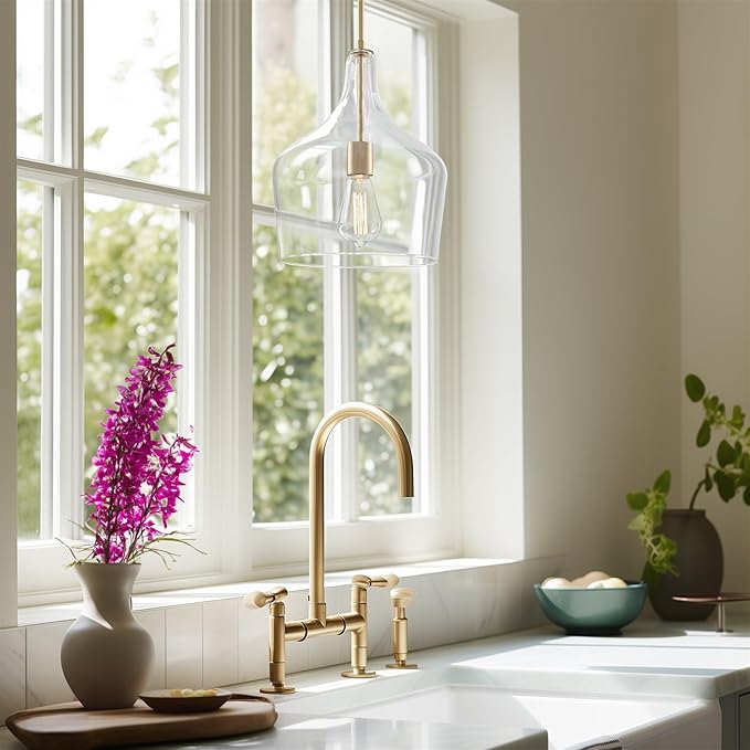 Kira Home Lucy 16" Modern Pendant Light + Clear Glass Vase Shade, Adjustable Hanging Height, Cool Brass Finish