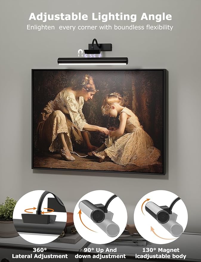 Picture Light, Wireless Picture Light with Remote, Battery Operated 5000mAh, 3 Color Modes and Dimmable LED Lights with Timer for Paintings, Gallery, Wall, Dartboard, Bedroom (Black-1Pack)