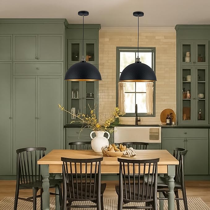 Industrial Large Black Gold Pendant Lights 2-Pack Vintage 16" Dome Pendant Light Fixtures with Golden Finish Rustic Farmhouse Black Pendant Lights for Kitchen Island, Dining Room, Bedroom