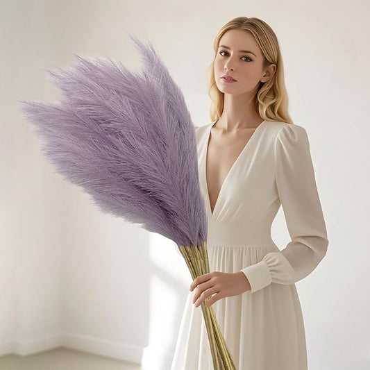 8 Pcs Light Purple Tall Faux Pampas Grass Decor, 45 Inches Artificial Pampas Grass Bulk, Large Faux Pompas Dried Decor for Floor Vase Filler, Home Boho, Wedding Anniversaries, Baby Shower Decoration