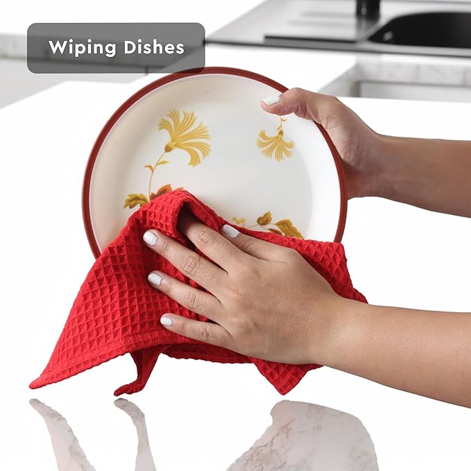 Encasa XO Kitchen Dish Towels Set | Red | Waffle Weave and Flat Hand Tea Towel | 28&quot;x18&quot; | Quick Drying Reusable Cotton Washcloths | Multipurpose Lightweight Dishcloths Set of 4