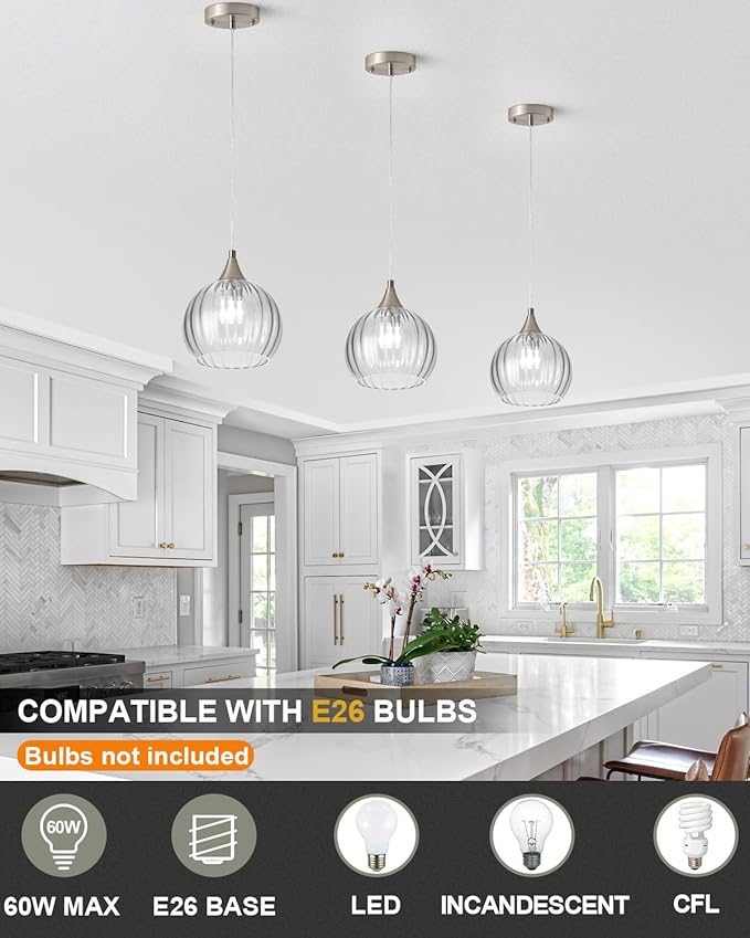 Brushed Nickel Pendant Lights Kitchen Island, Globe Pendant Light Fixtures with 8 Inch Clear Glass Shade, Modern Hanging Light Fixtures for Kitchen, Bedroom (2 Pack - Clear Glass Pendant Light)