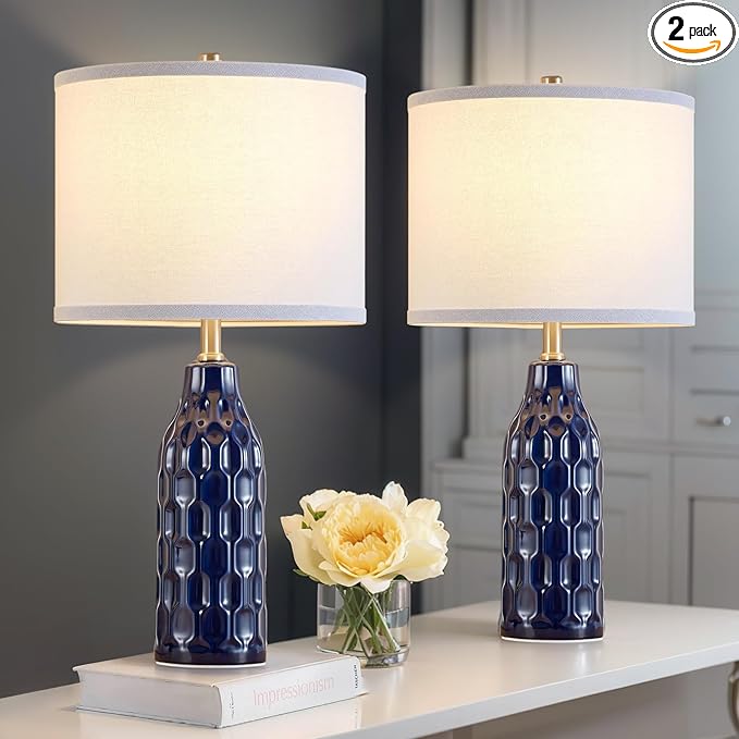 Luvkczc 24.8" Ceramic Table Lamps Set of 2 for Nightstand - 3 Color Temperature&Bulbs Included, Bedside Lamps for Living Room Bedroom Home Office Table Decor, Navy Blue