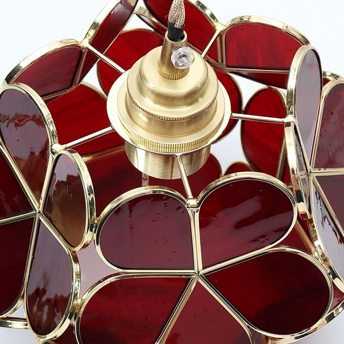 Bieye Tiffany Style Stained Glass Flower Petal Lampshade (Deep Red, 8" Cherry Blossom)