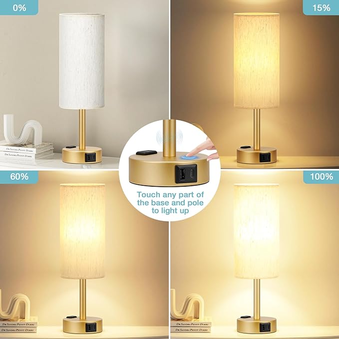Gold Nightstand Bedroom Lamp - 3 Way Dimmable Bedside Lamp USB C A Charging Ports and AC Outlet, Small Table Lamp Linen Lampshade for Office Desk, LED Bulb Included