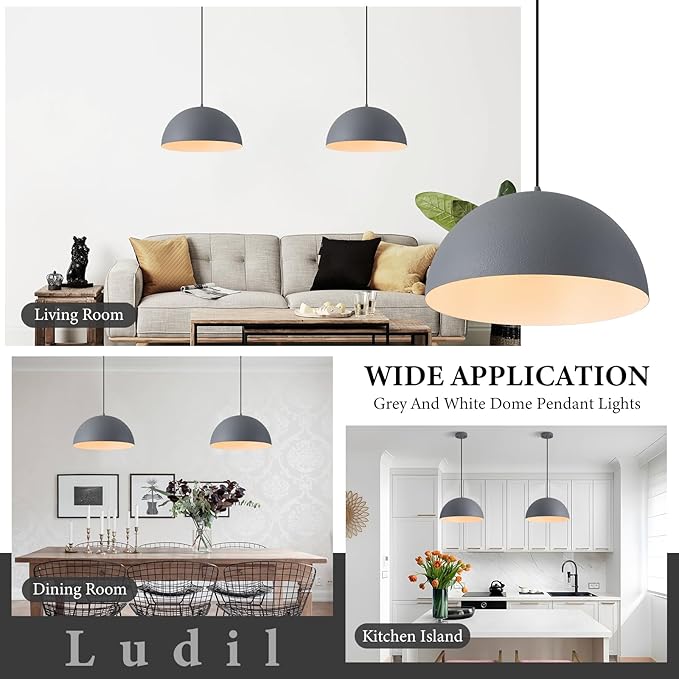 Industrial Pendant Lights Kitchen Island, 16 Inch Grey and White Metal Dome Pendant Light Fixtures, Farmhouse Hanging Light Fixture for Dining Room Restaurant Foyer Cafe, 2 Pack