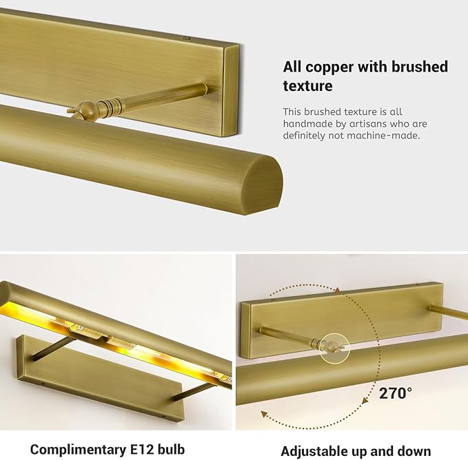 Brass Picture Lights for Wall, 30" Linear Picture Light Hardwired, 4-Light Brush Gold Art Light, Dimmable Gallery Light for Paintings, Warm White 270° Picture Frame Lights for Bathroom, Living Room